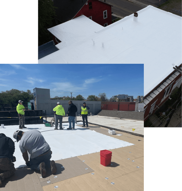 Commercial roofing contractors on a roof, new construction roofing