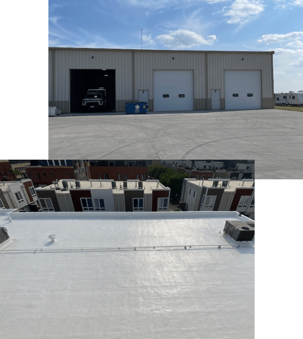Overlapping photos of two commercial buildings. One shows commercial roof coatings. The other is the front of the building, commercial roof inspections
