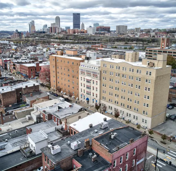 Commercial roofing cityscape