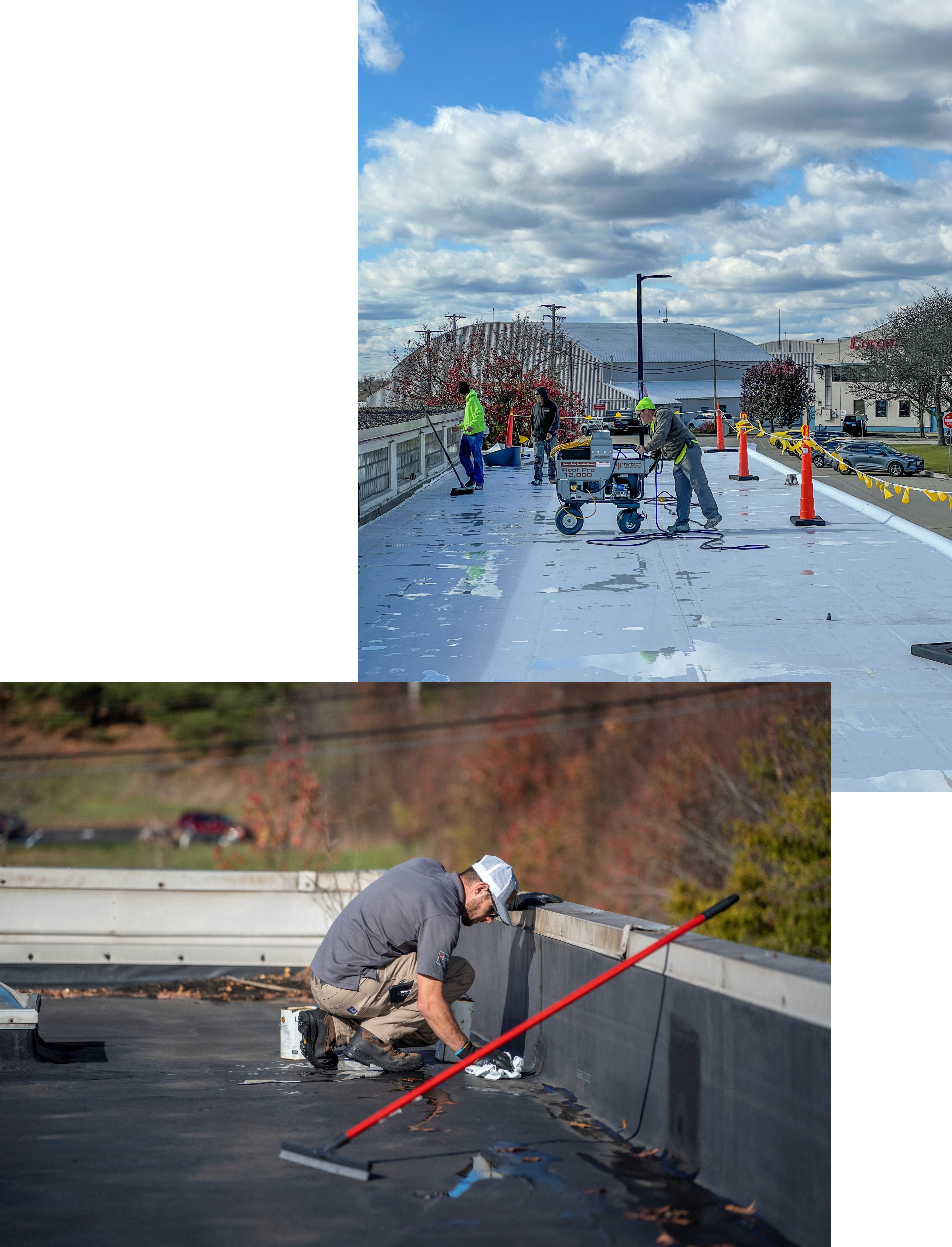 emergency roof repairs being made to a commercial building